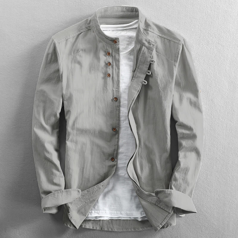 Camisa de manga larga de algodón y lino con cuello redondo y diseño ajustado para hombre de Buddha Stones. - Humo blanco - US/UK/AU48, UE58 (7XL) - image 12