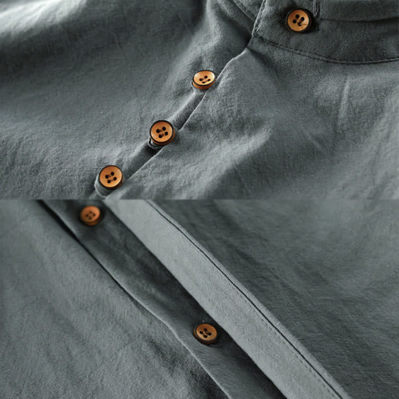 Camisa de manga larga de algodón y lino con cuello redondo y diseño ajustado para hombre de Buddha Stones. - image 11