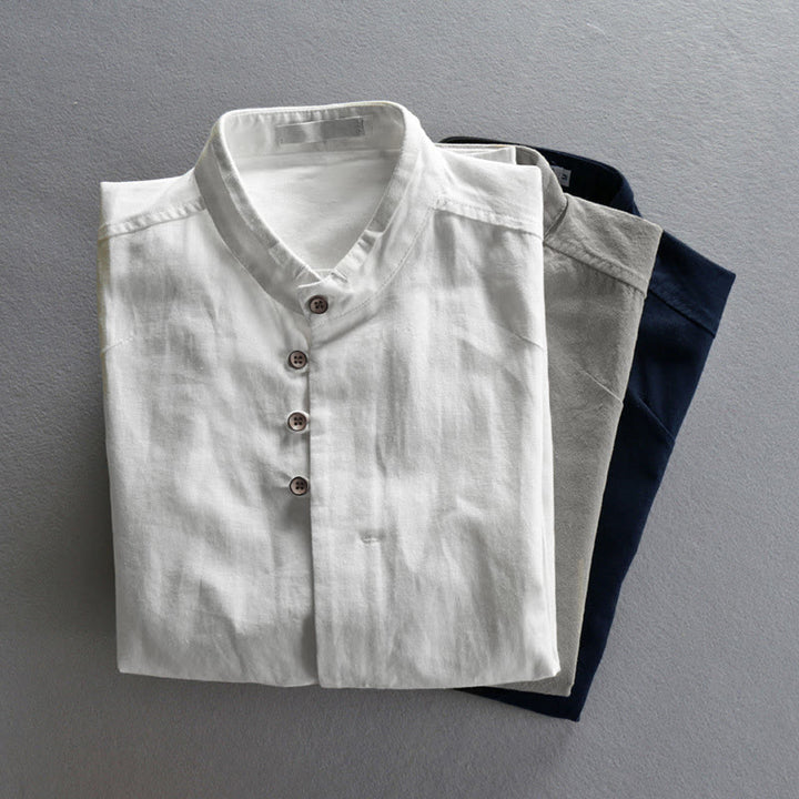 Camisa de manga larga de algodón y lino con cuello redondo y diseño ajustado para hombre de Buddha Stones. - image 14
