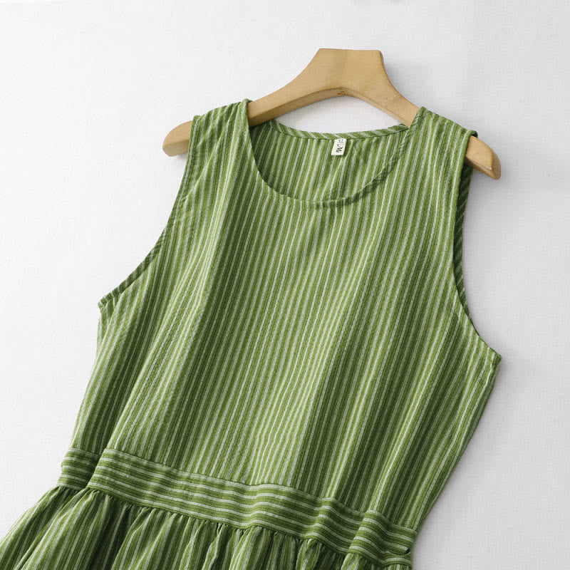 Buddha Stones Vestido de verano informal elegante de mujer con cuello redondo y rayas verdes. - image 3