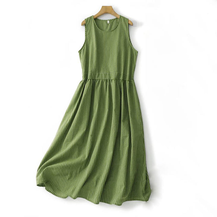 Buddha Stones Vestido de verano informal elegante de mujer con cuello redondo y rayas verdes. - Verde mar oscuro - US12, UK/AU16, EU44 (2XL) - image 0