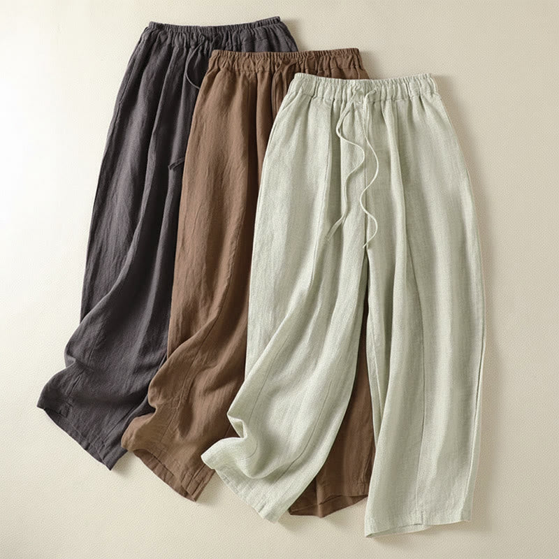 Buddha Stones Pantalones tobilleros de lino liso con cordón ajustable, estilo casual de verano para mujer, de pierna ancha y con bolsillo. - image 22
