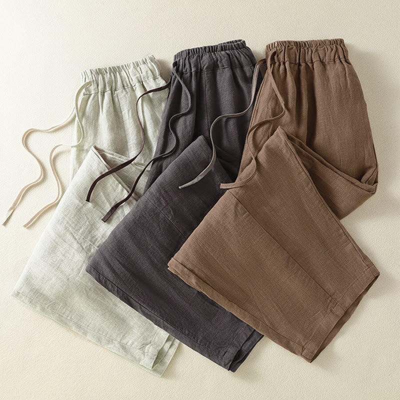 Buddha Stones Pantalones tobilleros de lino liso con cordón ajustable, estilo casual de verano para mujer, de pierna ancha y con bolsillo. - image 23