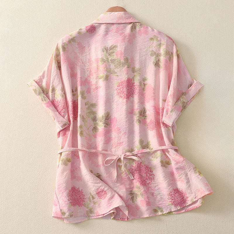 Buddha Stones Camisas de manga corta para mujer con botones y estampado floral estilo bohemio veraniego - image 11