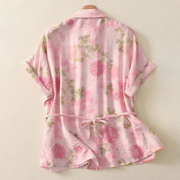 Buddha Stones Camisas de manga corta para mujer con botones y estampado floral estilo bohemio veraniego - image 11