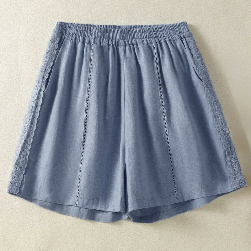 Buddha Stones Shorts de verano informales estilo boho para mujer, color liso, con encaje decorativo lateral y bolsillos. - Azul acero claro - US8-10, UK/AU12-14, EU40-42 (2XL) - image 0
