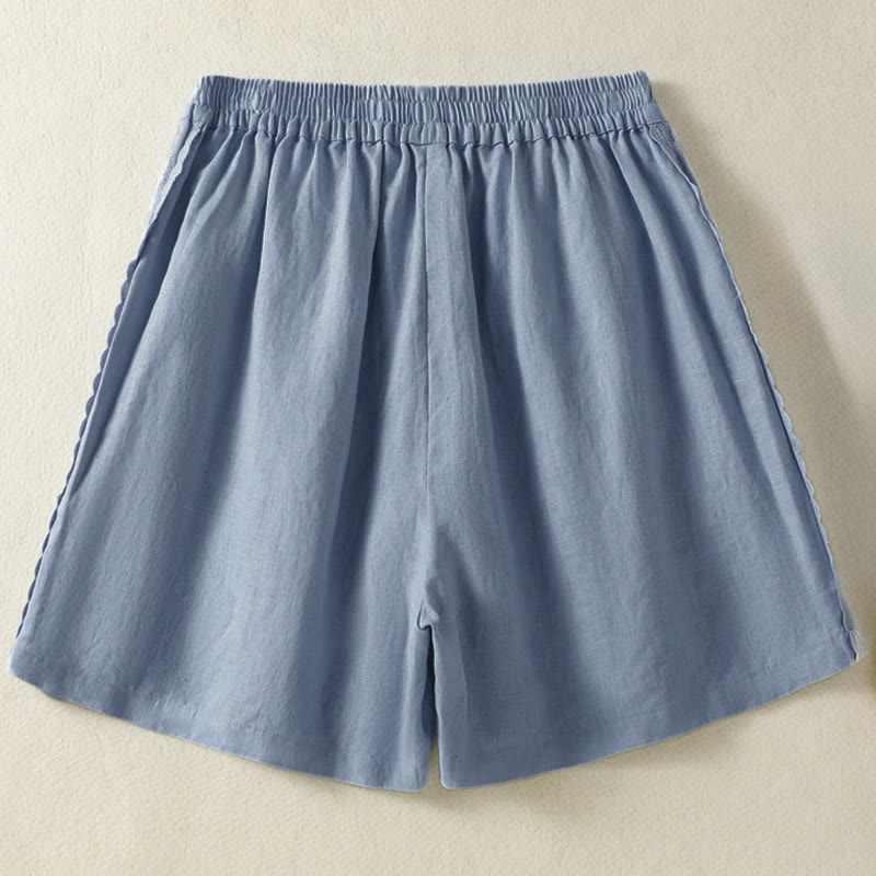 Buddha Stones Shorts de verano informales estilo boho para mujer, color liso, con encaje decorativo lateral y bolsillos. - image 1
