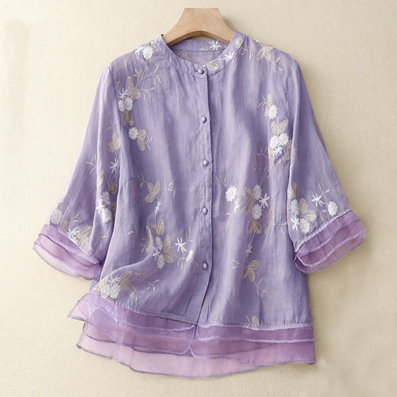 Camiseta de manga corta con cuello redondo y diseño informal de pétalos bordados con Buddha Stones para mujer. - Ciruela - US8-10，UK/AU12-14，EU40-42 (2XL) - image 0