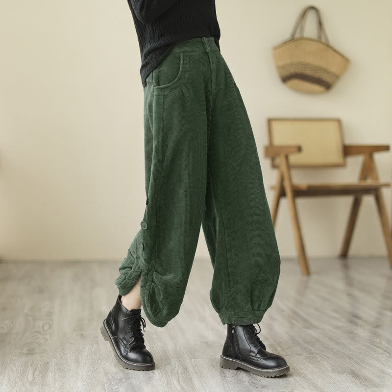 Pantalones de pana para mujer con diseño casual de Buddha Stones, botones y abertura en la pierna, con bolsillos. - Verdemar - US8-10，UK/AU12-14，EU40-42 (2XL) - image 10