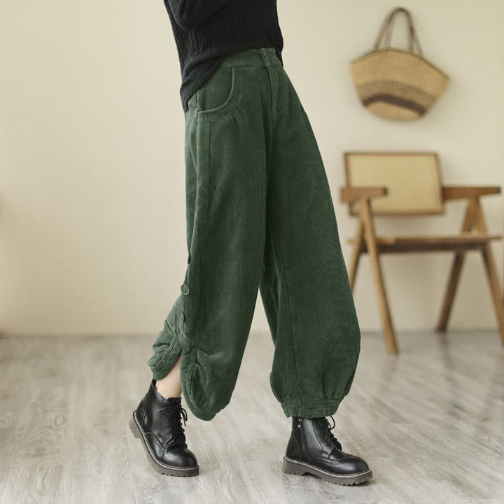 Pantalones de pana para mujer con diseño casual de Buddha Stones, botones y abertura en la pierna, con bolsillos. - Verdemar - US8-10，UK/AU12-14，EU40-42 (2XL) - image 10