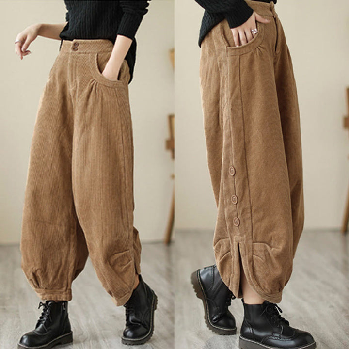 Pantalones de pana para mujer con diseño casual de Buddha Stones, botones y abertura en la pierna, con bolsillos. - image 3