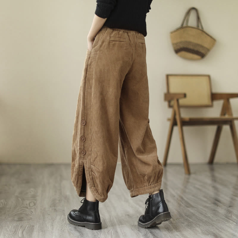 Pantalones de pana para mujer con diseño casual de Buddha Stones, botones y abertura en la pierna, con bolsillos. - image 2