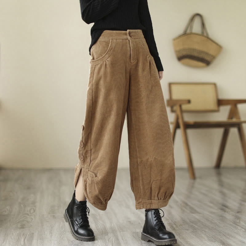 Pantalones de pana para mujer con diseño casual de Buddha Stones, botones y abertura en la pierna, con bolsillos. - vara de oro - US8-10，UK/AU12-14，EU40-42 (2XL) - image 0