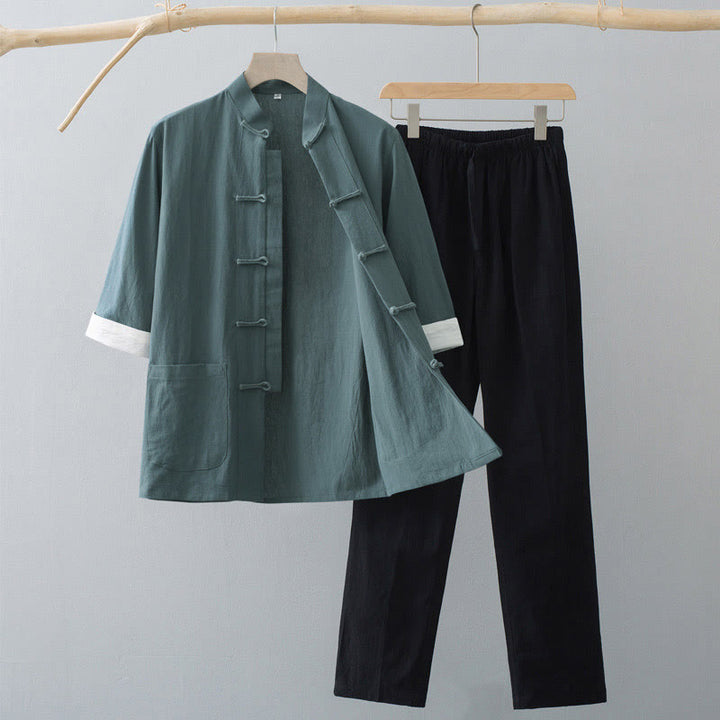 Conjunto de ropa para hombre: camiseta de manga corta y pantalón con estampado de Buddha Stones y estampado de rana tradicional. - Top verde y pantalones negros - US/UK/AU44, EU54 (4XL)  - image 0