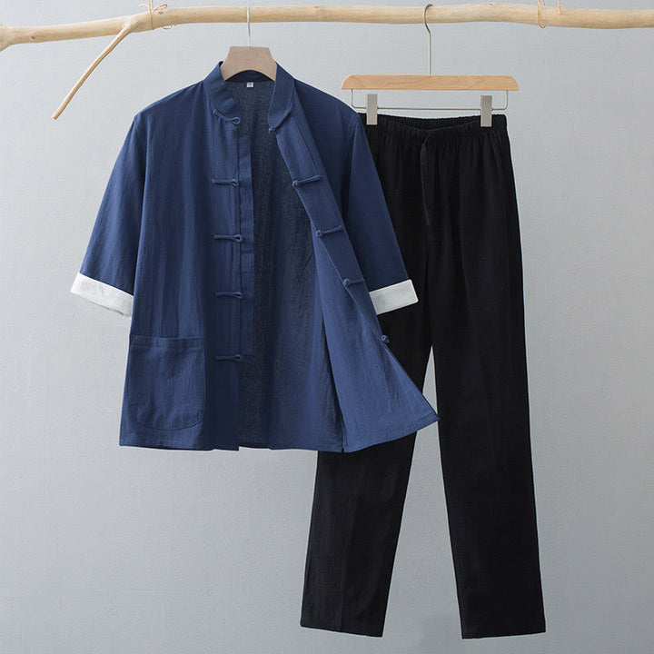 Conjunto de ropa para hombre: camiseta de manga corta y pantalón con estampado de Buddha Stones y estampado de rana tradicional. - Top azul marino y pantalones negros - US/UK/AU44, EU54 (4XL)  - image 7