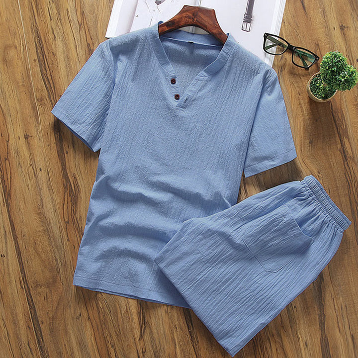 Conjunto informal de 2 piezas Buddha Stones : camiseta de manga corta lisa con bolsillos, de algodón y lino, para hombre, ideal para meditación. - Azul cielo profundo - US/UK/AU46, EU56 (5XL) - image 8