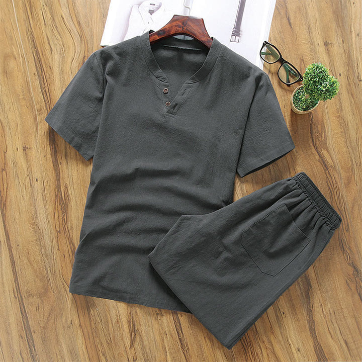 Conjunto informal de 2 piezas Buddha Stones : camiseta de manga corta lisa con bolsillos, de algodón y lino, para hombre, ideal para meditación. - Gris oscuro - US/UK/AU46, EU56 (5XL) - image 5