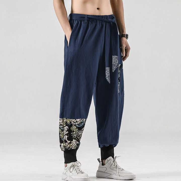 Pantalones harem para hombre con cordones y bolsillos, estampado de Buddha Stones y olas del océano. - Azul acero - US/UK/AU46, EU56 (5XL)  - image 29