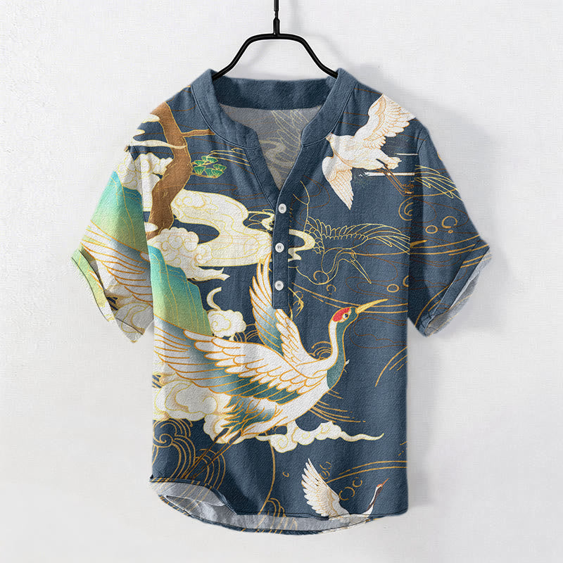 Buddha Stones Camisa de manga corta con medio botón para hombre con estampado de pinos y nubes auspiciosas de Cotton Crane. - Azul acero - US/UK/AU50, EU60 (5XL) - image 4