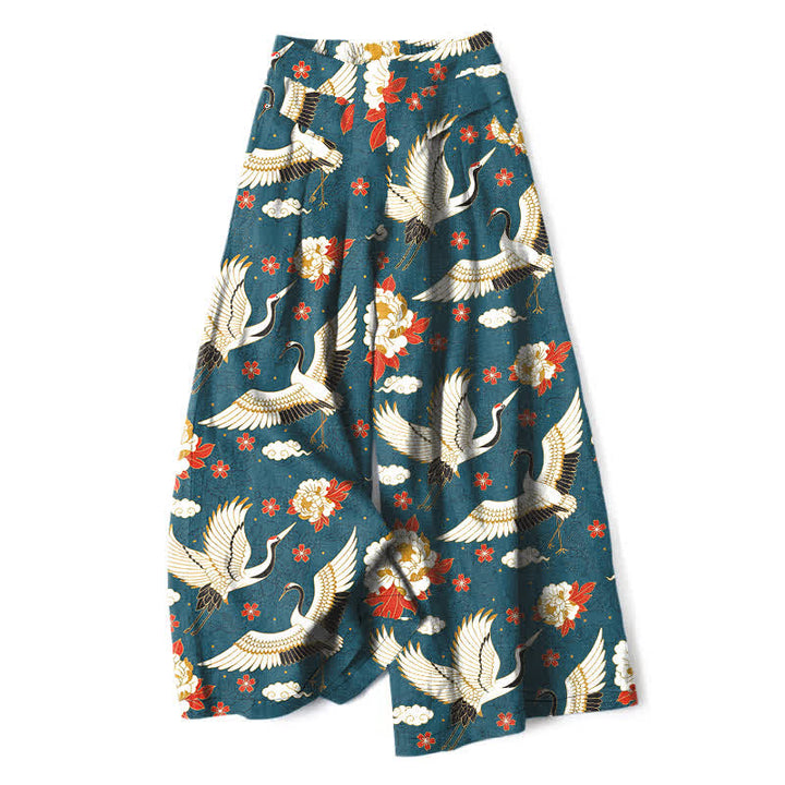 Buddha Stones Pantalones de mujer de algodón y lino con estampado de grullas y flores, cintura elástica, pernera ancha y bolsillos. - Verde azulado - US16，UK/AU20，EU48 (3XL) - image 0