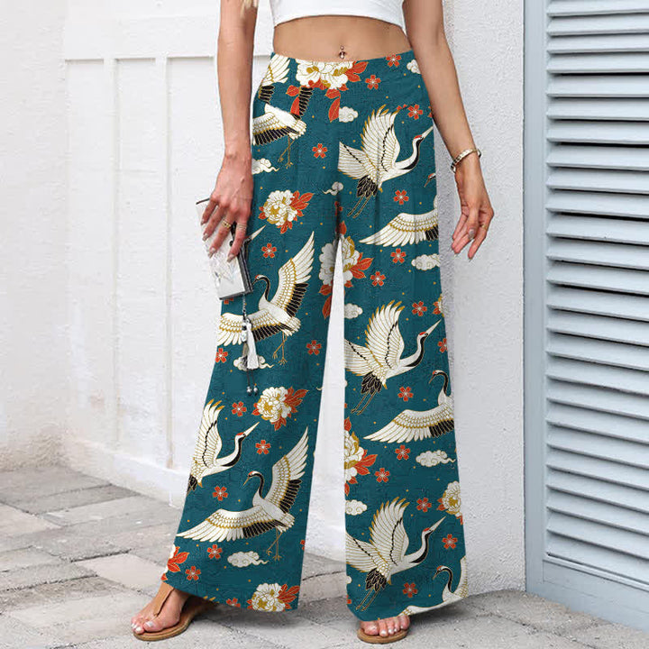 Buddha Stones Pantalones de mujer de algodón y lino con estampado de grullas y flores, cintura elástica, pernera ancha y bolsillos. - image 1