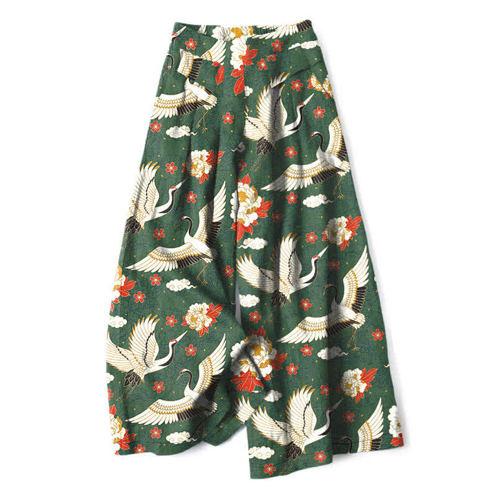 Buddha Stones Pantalones de mujer de algodón y lino con estampado de grullas y flores, cintura elástica, pernera ancha y bolsillos. - Verde oliva oscuro - US16，UK/AU20，EU48 (3XL) - image 4