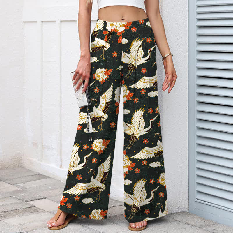 Buddha Stones Pantalones de mujer de algodón y lino con estampado de grullas y flores, cintura elástica, pernera ancha y bolsillos. - image 7