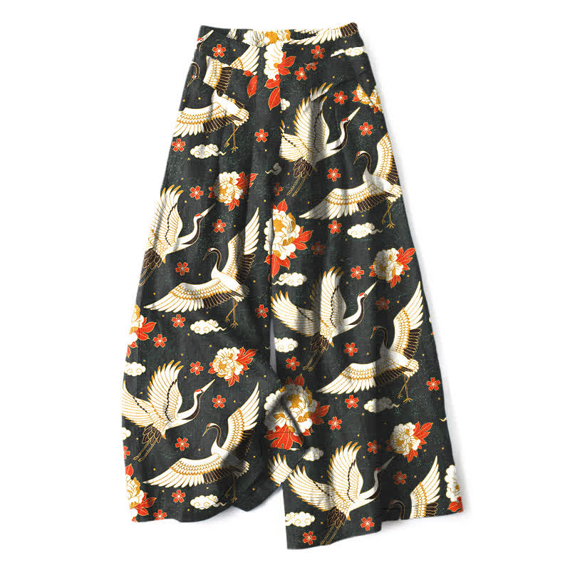 Buddha Stones Pantalones de mujer de algodón y lino con estampado de grullas y flores, cintura elástica, pernera ancha y bolsillos. - Negro - US16，UK/AU20，EU48 (3XL) - image 6