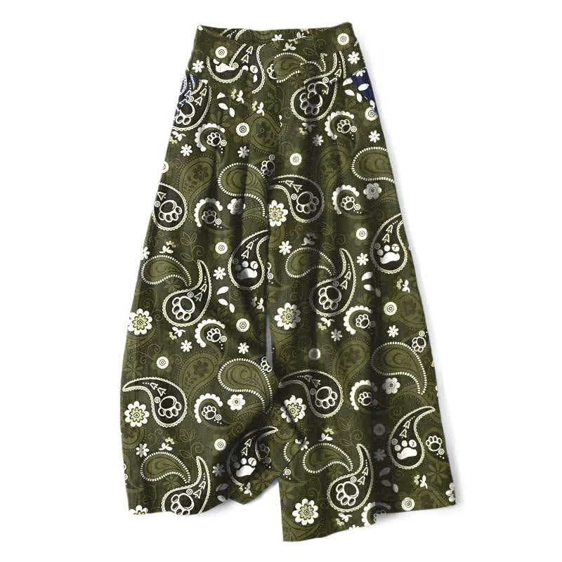 Buddha Stones Pantalones de mujer de lino y algodón con estampado floral paisley vintage, cintura elástica, pernera ancha y bolsillos. - Verde oliva oscuro - US16，UK/AU20，EU48 (3XL) - image 6