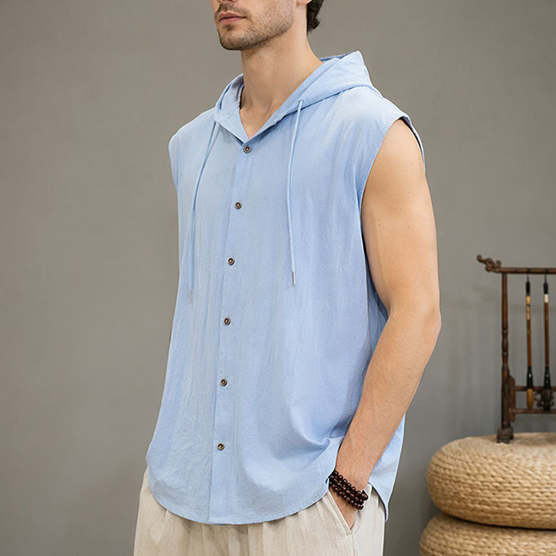 Buddha Stones Camiseta sin mangas lisa de verano informal minimalista con botones y cordón ajustable para hombre. - image 1