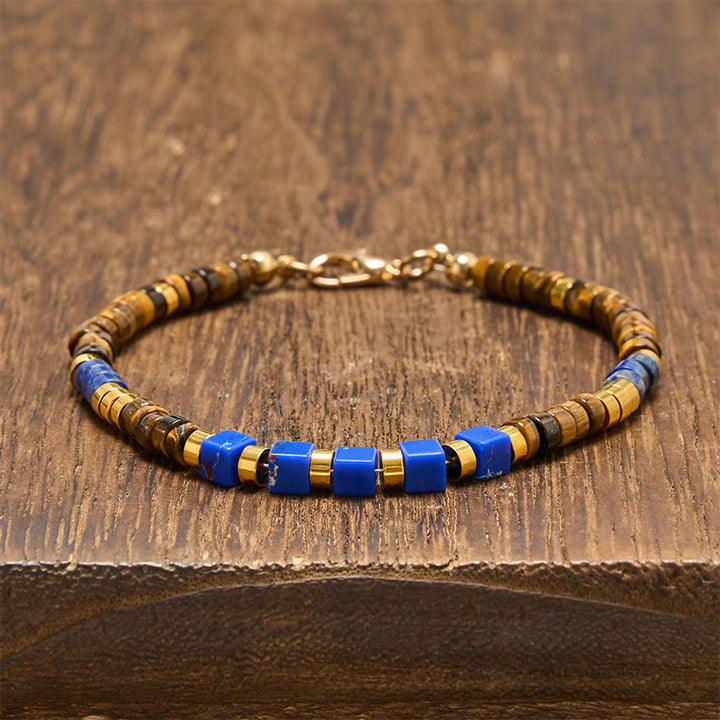 Buddha Stones Pulsera de sabiduría cuadrada con cuentas de lapislázuli y ojo de tigre - Lapislázuli y ojo de tigre (circunferencia de la muñeca: 18-20 cm) - image 0