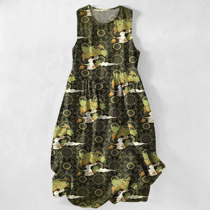 Buddha Stones Vestido midi de verano informal vintage para mujer con estampado de medallones florales y hojas, sin mangas y con bolsillos. - Verde oliva oscuro - US16，UK/AU20，EU48 (3XL) - image 4