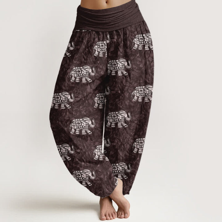 Buddha Stones Pantalones harem de mujer con cintura elástica y estampado de elefante blanco, de algodón puro. - Granate - US16，UK/AU20，EU48 (3XL) - image 0