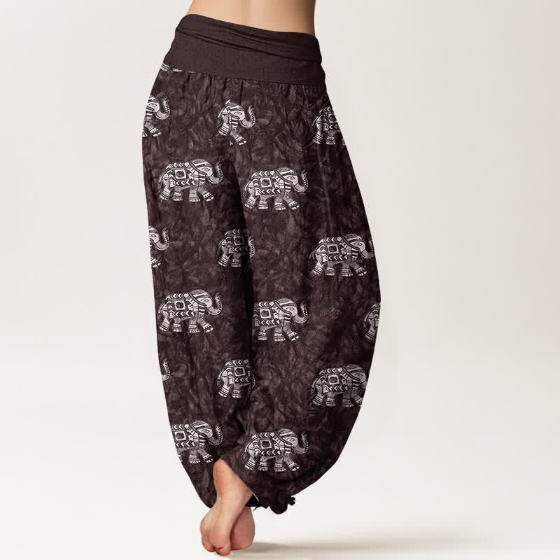 Buddha Stones Pantalones harem de mujer con cintura elástica y estampado de elefante blanco, de algodón puro. - image 1