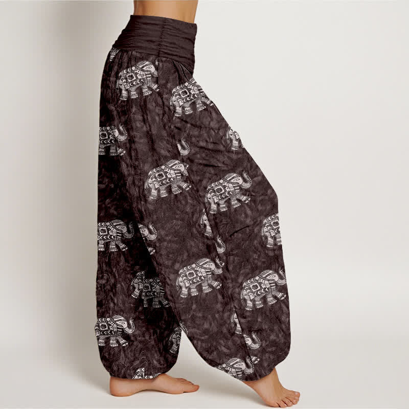 Buddha Stones Pantalones harem de mujer con cintura elástica y estampado de elefante blanco, de algodón puro. - image 2