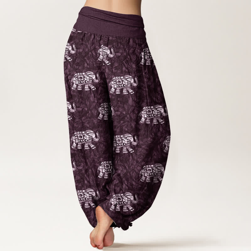 Buddha Stones Pantalones harem de mujer con cintura elástica y estampado de elefante blanco, de algodón puro. - image 6