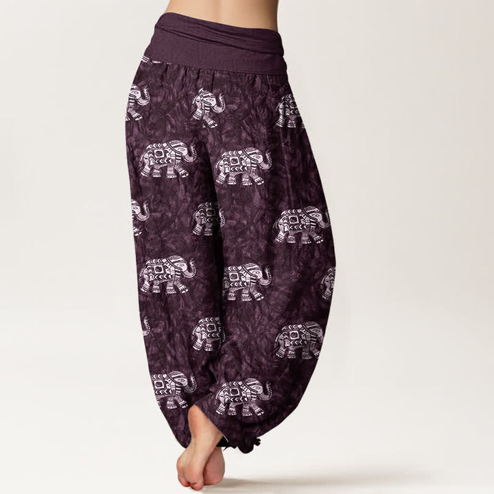 Buddha Stones Pantalones harem de mujer con cintura elástica y estampado de elefante blanco, de algodón puro. - image 6