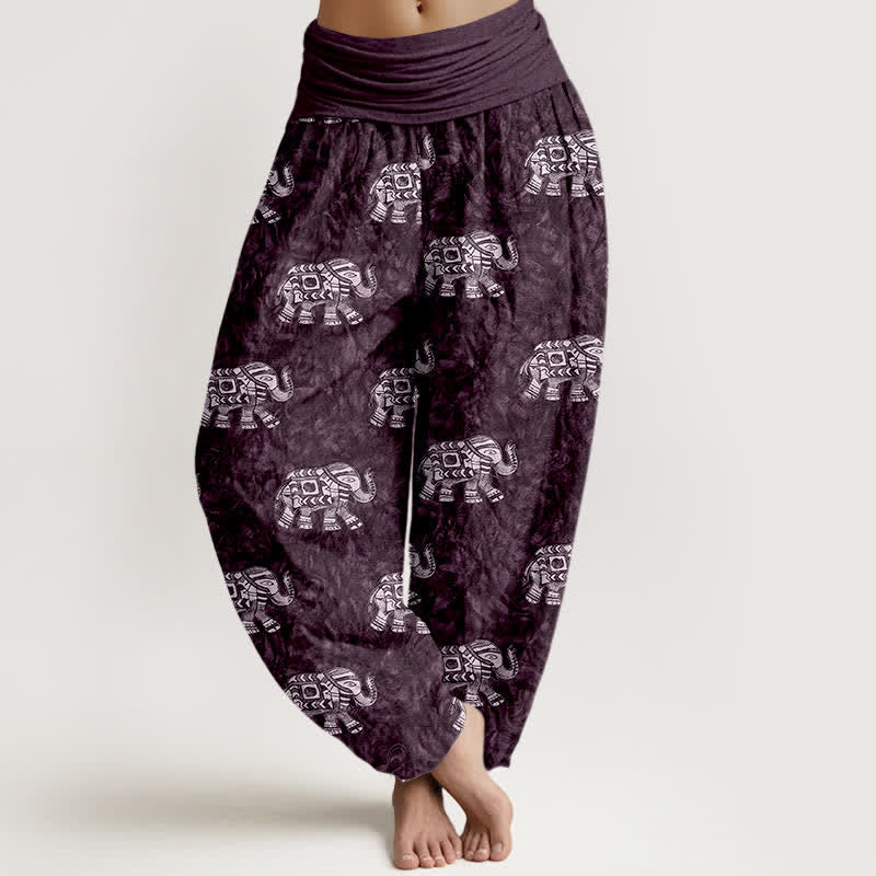 Buddha Stones Pantalones harem de mujer con cintura elástica y estampado de elefante blanco, de algodón puro. - Índigo - US16，UK/AU20，EU48 (3XL) - image 5
