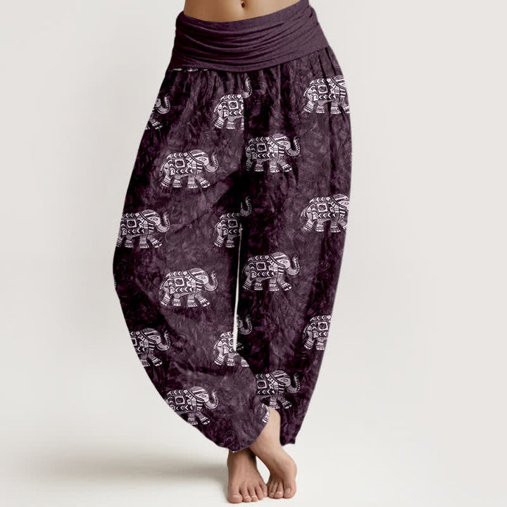 Buddha Stones Pantalones harem de mujer con cintura elástica y estampado de elefante blanco, de algodón puro. - Índigo - US16，UK/AU20，EU48 (3XL) - image 5