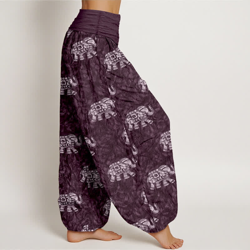 Buddha Stones Pantalones harem de mujer con cintura elástica y estampado de elefante blanco, de algodón puro. - image 7