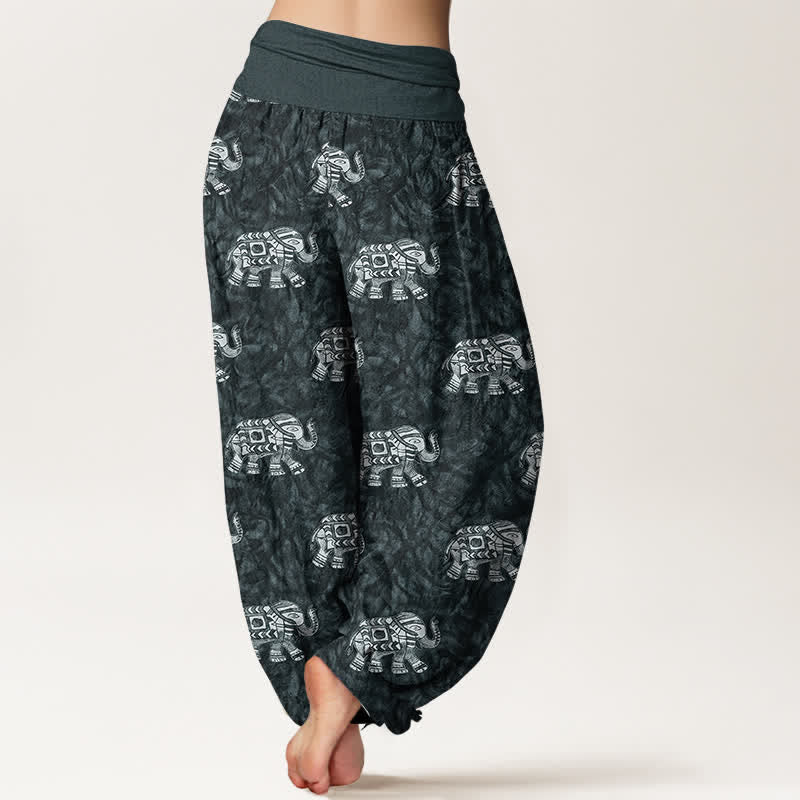 Buddha Stones Pantalones harem de mujer con cintura elástica y estampado de elefante blanco, de algodón puro. - image 9