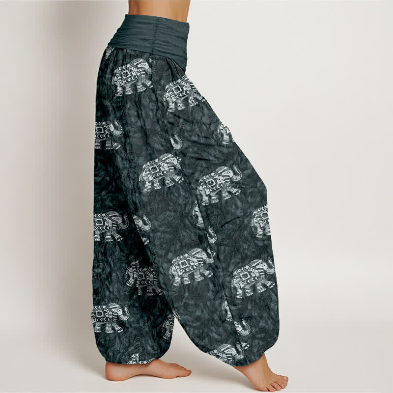 Buddha Stones Pantalones harem de mujer con cintura elástica y estampado de elefante blanco, de algodón puro. - image 10