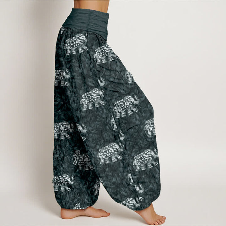 Buddha Stones Pantalones harem de mujer con cintura elástica y estampado de elefante blanco, de algodón puro. - image 10