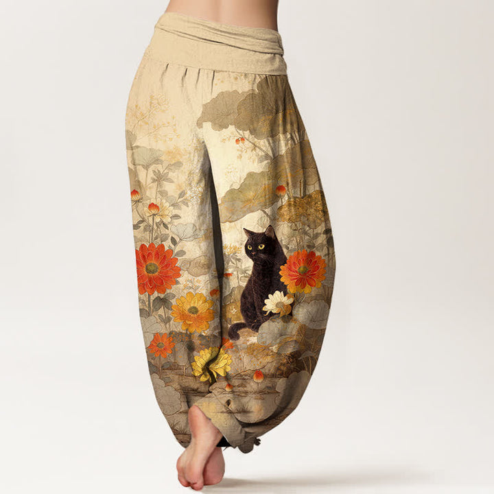 Buddha Stones Pantalones harem de algodón puro con estampado floral de gato negro vintage para mujer con cintura elástica. - image 1
