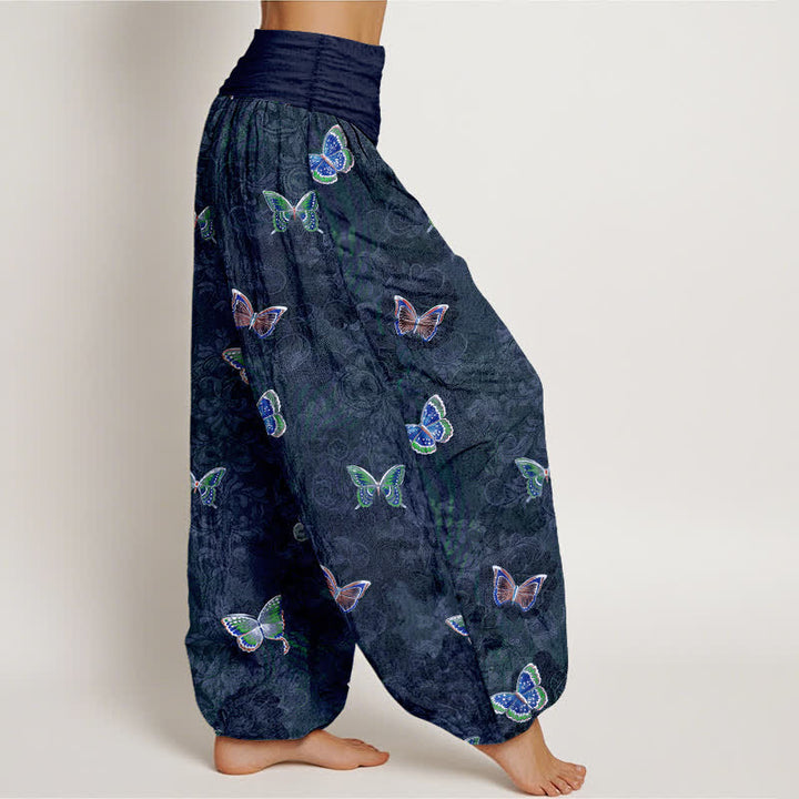 Buddha Stones Pantalones harem de algodón puro con estampado de mariposas y enredaderas para mujer, con cintura elástica. - image 7