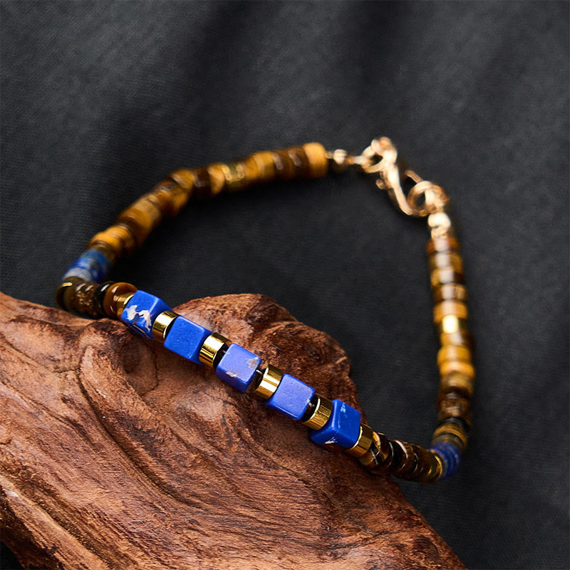 Buddha Stones Pulsera de sabiduría cuadrada con cuentas de lapislázuli y ojo de tigre - image 3