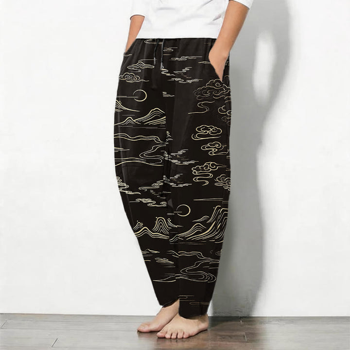 Buddha Stones Pantalones de hombre de algodón puro con estampado de nubes, montañas y olas, con cordón ajustable y bolsillos. - image 1