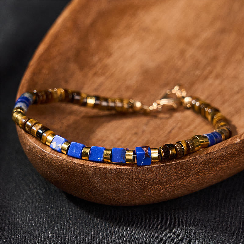 Buddha Stones Pulsera de sabiduría cuadrada con cuentas de lapislázuli y ojo de tigre - image 2