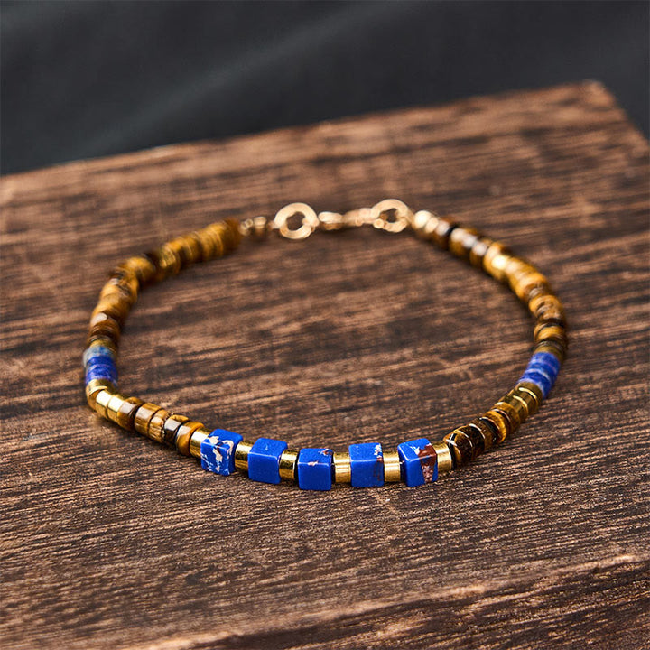 Buddha Stones Pulsera de sabiduría cuadrada con cuentas de lapislázuli y ojo de tigre - image 1