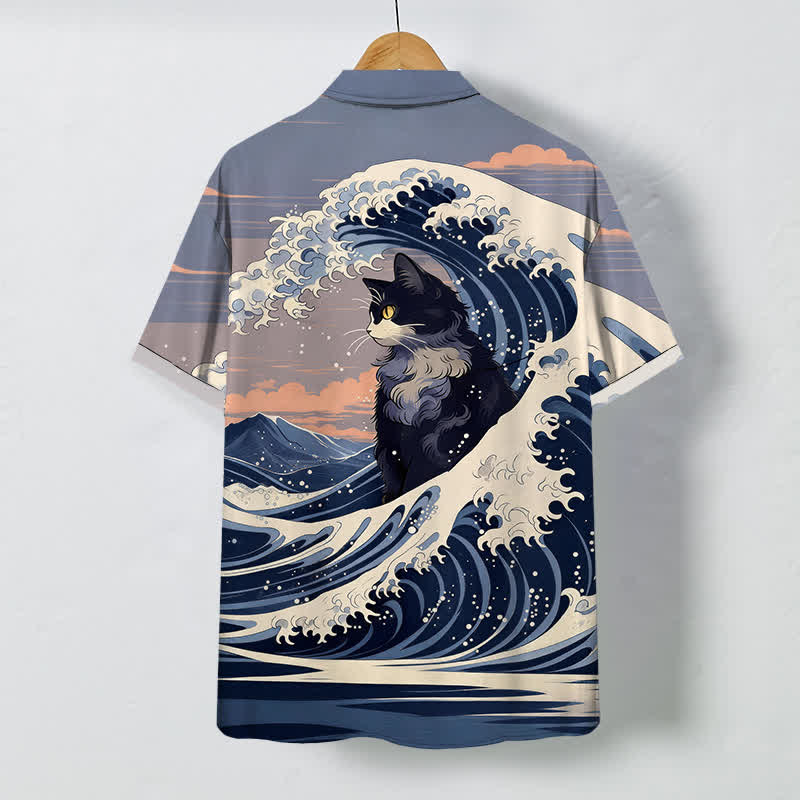 Buddha Stones Camisa transpirable de manga corta para hombre con botones y estampado de gato negro de la Gran Ola - image 1